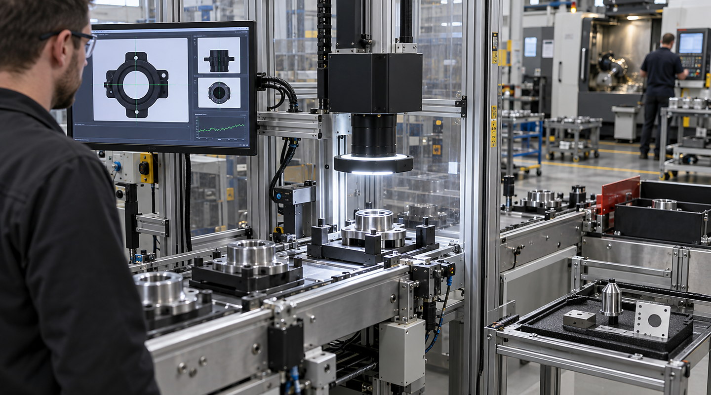 Parts located under a calibrated machine-vision measurement station with telecentric optics, lighting and results trend visible.