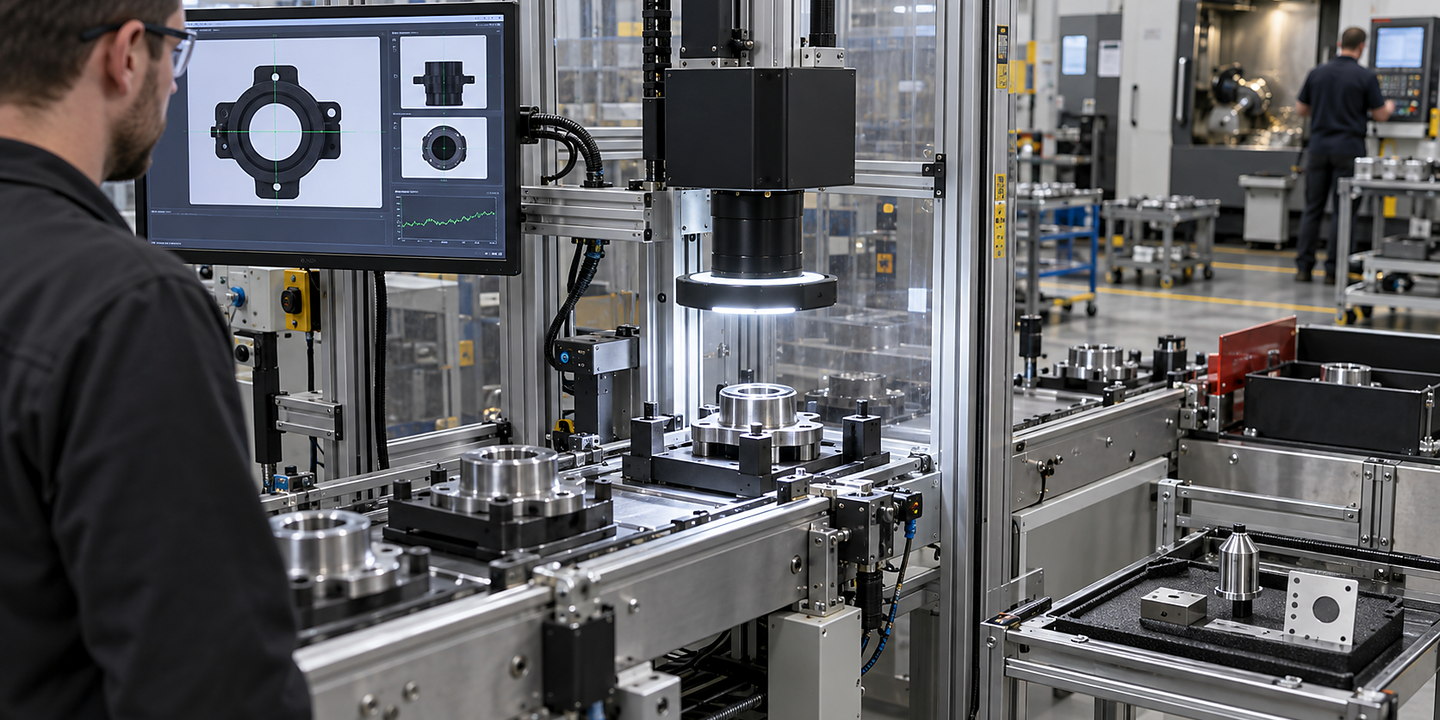 Parts located under a calibrated machine-vision measurement station with telecentric optics, lighting and results trend visible.